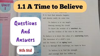 8th Std  English  Chapter 11 A Time to Believe questions answers explained in hindi [upl. by Rialb496]