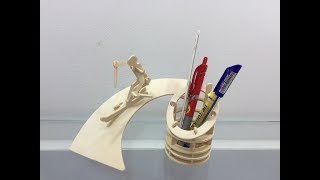 3D Woodcraft Construction Kit DIY How to Assembly the Wooden Pen Holder [upl. by Berlinda]