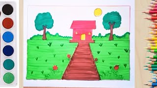 How to draw simple landscape very easy  Prakritik drishya drawing  easy scenary drawing [upl. by Elburt]