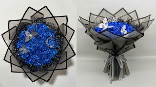 DIY  How to Make a Bouquet of Roses from Satin Ribbons Easy  Wrapping a Round Flower Bouquet [upl. by Akinohs]