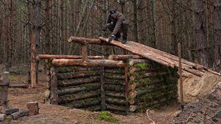 Dugout shelter Warm cabin with stove Place for camp Autumn  Winter [upl. by Ettesoj]