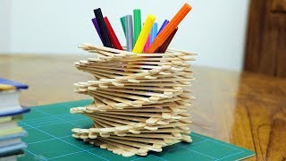 Ice Cream Stick Pen Holder Easy  Ice cream Sticks Crafts Ideas [upl. by Daub]