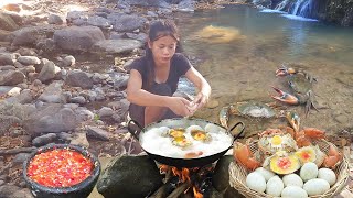 Big crab in river and cooking with eggs for food in forest [upl. by Nyrrek]