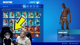 Mum amp Her 7 Year Old Kid Count ALL His Fortnite Skins in His Locker including RARE Skin TRAVIS SCOTT [upl. by Dosh]