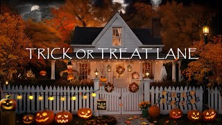 TRICK OR TREAT LANE HALLOWEEN HOUSE AMBIENCEFALL LEAVESPUMPKINSFIREPITSOFT HALLOWEEN MUSIC [upl. by Gnaht]