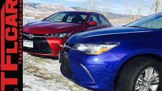 2015 Toyota Camry V6 vs Camry Hybrid Mashup Review Power vs Economy [upl. by Kcirrej]