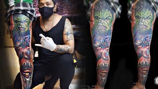 Colour full tattoo  Avengers with superman  hulk  captain America  spiderman Ujs tattoo ink [upl. by Anastasius921]