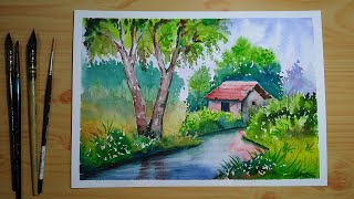 Simple watercolor landscape painting for beginners [upl. by Irihs]