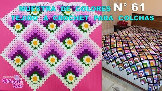 Como tejer el Cuadrado o muestra de colores N° 61 con flores tejidos a crochet para colchas [upl. by Kinsley]