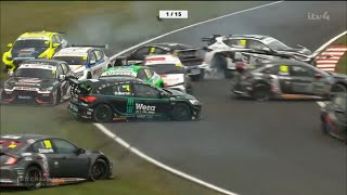 BTCC Oulton Park 2021  Race 3 Pileup Plato Edwards Osborne Butel Jackson Mitchell Goff [upl. by Martsen]