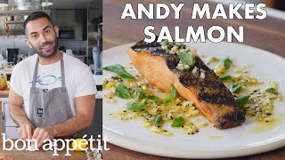 Andy Makes Grilled Salmon with Lemon Sauce  From the Test Kitchen  Bon Appétit [upl. by Ahseele]