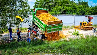 Start a New Project Landfill on flooded area by Bulldozer KOMATSU D20P pouring soil with 5Ton Truck [upl. by Dnumde]