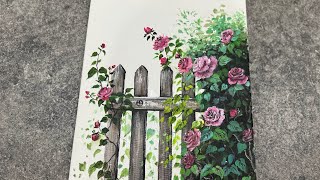 Climbing Roses on Fence  Stepbystep Acrylic Painting for Beginners [upl. by Drallim556]