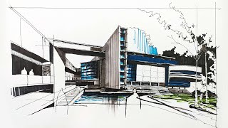 Drawing a twopoint perspective sketch of the architecture of the building [upl. by Adhamh67]