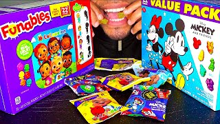 ASMR EATING CANDY MUKBANG JERRY FOOD TREATS PARTY DISNEY FRUIT SNACKS FUNABLES COCOMELON CHEWY [upl. by Ahsietal744]