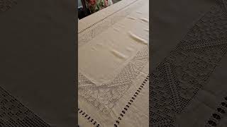 Vintage hand embroidered eyelet hemstitch linen tablecloth [upl. by Ennovahs]