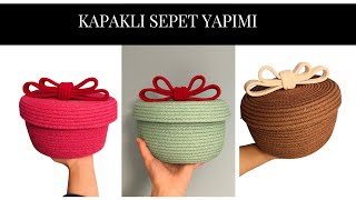 Tres kordon hasır jüt ip Kapaklı sepet yapımı Ev tipi dikiş makinesi Detaylı anlatım basket making [upl. by Aketal]