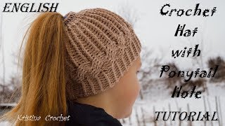 Crochet Hat with Ponytail Hole and Cable TUTORIAL English [upl. by Feucht39]