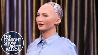 Tonight Showbotics Jimmy Meets Sophia the HumanLike Robot [upl. by Hazard468]