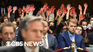 Watch Protesters calling for ceasefire in Gaza disrupt Senate hearing over Israel aid [upl. by Gridley]