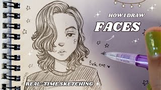 How I Draw Faces 💜 Draw with me in Real Time Drawing Process 🌸NO ERASING💙 [upl. by Aicre]