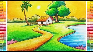 How to Draw a Village Sunrise Scenery  Beautiful Nature Drawing Painting  Step by Step [upl. by Christa]