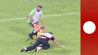 Worst medics ever Injured footballer dropped several times Greece [upl. by Azarria]