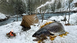 Hot Tent Camping in deep Winter amp Catch and Cook [upl. by Lahcim]