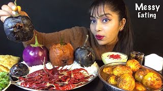 EATING RICE DRY CHILLI BAINGAN BHARTA SPICY EGG CURRY FIRNI  INDIAN ASMR  EATING SHOW  MUKBANG [upl. by Lexis]