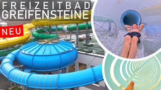 NEUER Rutschenturm im Freizeitbad Greifensteine 2024  Trichter Family Twister amp Röhrenrutsche [upl. by Aivirt]