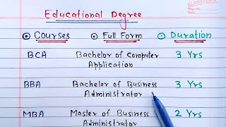 Full Form Of BA BBA BCA BSc MBA MCA BTech Mtech MBBS etc  Educational Degrees Full Form [upl. by Yelrah]