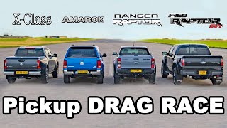 Ford F150 Raptor v Ranger Raptor v Mercedes XClass v VW Amarok DRAG RACE [upl. by Echikson]