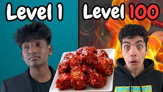 Level 1 VS Level 100 Spicy Chicken Wing Challenge [upl. by Dnomse]