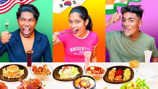 AMERICAN vs KOREAN vs INDIAN Eating Challenge 😂 FORK vs CHOPSTICK vs SPOON 😄 Food Eating challenge [upl. by Timmi]