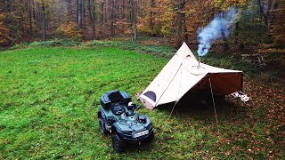 Solo ATV Camping with a Cotton Tent and Wood Stove in the Wild [upl. by Akvir281]