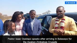 Pastor Isaac Oyedepo speaks after arriving in Bulawayo for the Awaken Zimbabwe Crusade [upl. by Esiocnarf]