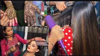 Parlor vlog ll 😍😍 hair pressing ll mehandi ll cutting ll makeup ll facial bleachfull vlog in Hindi [upl. by Angy]