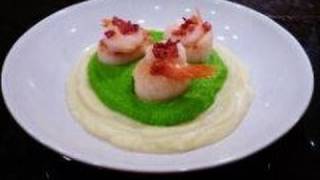 Scallops on a bed of cauliflower and pea purée with bacon crumble [upl. by Ynnohj220]