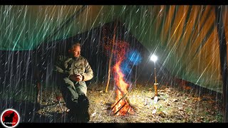 Down Pour  Covered Fire Camping in Heavy Rain  Thunderstorm Camping Adventure [upl. by Lanevuj]