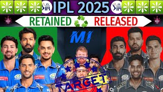 IPL 2025  MI RETAINED RELEASED AND TARGET PLAYERS LIST  IPL 2025 MEGA AUCTION MI  MI 2025 [upl. by Atteinotna836]