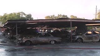 Nearly 30 vehicles found charred following west Houston parking lot fire [upl. by Arlee]