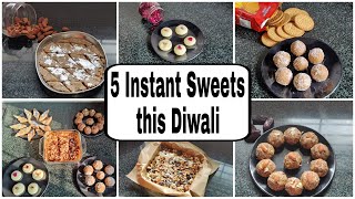 5 Instant Sweets Dry Fruit Laddu Badam Barfi Marie Biscuit Laddu ChocoNut Delight Coconut Peda [upl. by Jarlath]