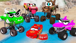 4 Monster Truck vs Big amp Small Mcqueen vs Stairs Color with Trains vs Portal Trap  BeamNGDrive 34 [upl. by Nwahsram]