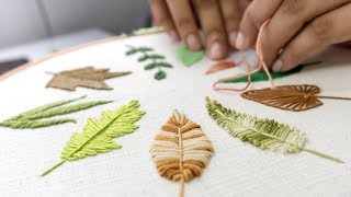 HAND EMBROIDERY FOR BEGINNERS 10 Types of Leaves [upl. by Ocirederf281]