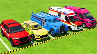 POLICE CARS FIRE DEPARTMENT AMBULANCE VEHICLES TRANSPORTING WITH TRUCKS  Farming Simulator 22 [upl. by Harod72]