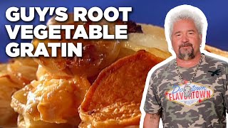 Guy Fieris Cheesy Root Vegetable Gratin  Guys Big Bite  Food Network [upl. by Nej533]