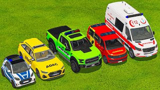 TRANSPORTING FIVE COLOR POLICE CARS DODGE DURANGO LIZARD CADILLAC ESCALADE DACIA POLICE  FS22 [upl. by Kreda]