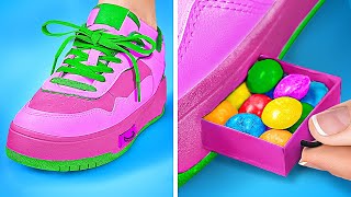 HIDE CANDIES IN SHOE  Sneak Food amp Makeup Into Class Parenting Edible DIY Hacks by 123 GO [upl. by Mountford]