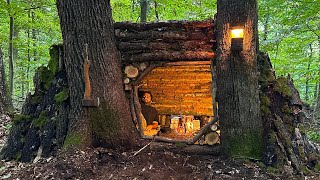 Bushcraft SURVIVAL Shelter Building Warm Natural Dugout and Fireplace Tree House Asmr Camping [upl. by Ardnoik]