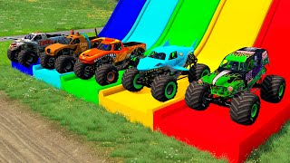 Double Flatbed Trailer Monster Trucks Transport with Slide Color  Cars vs Speed bump  BeamNG 07 [upl. by Hahsi496]